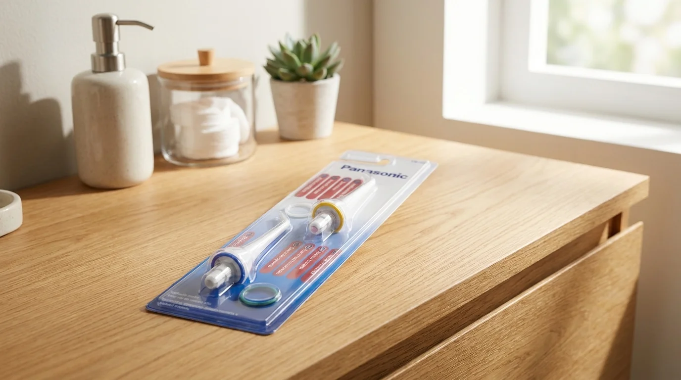 Balení se dvěma náhradními tryskami Panasonic EW0950W835 položené na dřevěné komodě.