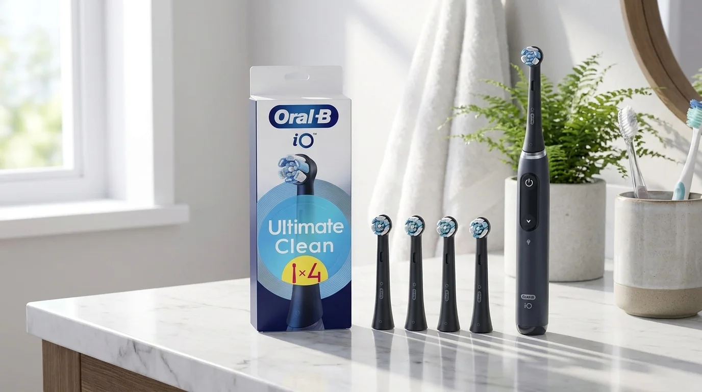 Čtyři černé náhradní hlavice Oral-B iO Ultimate Clean stojí v řadě vedle krabičky a elektrického kartáčku na mramorové desce.