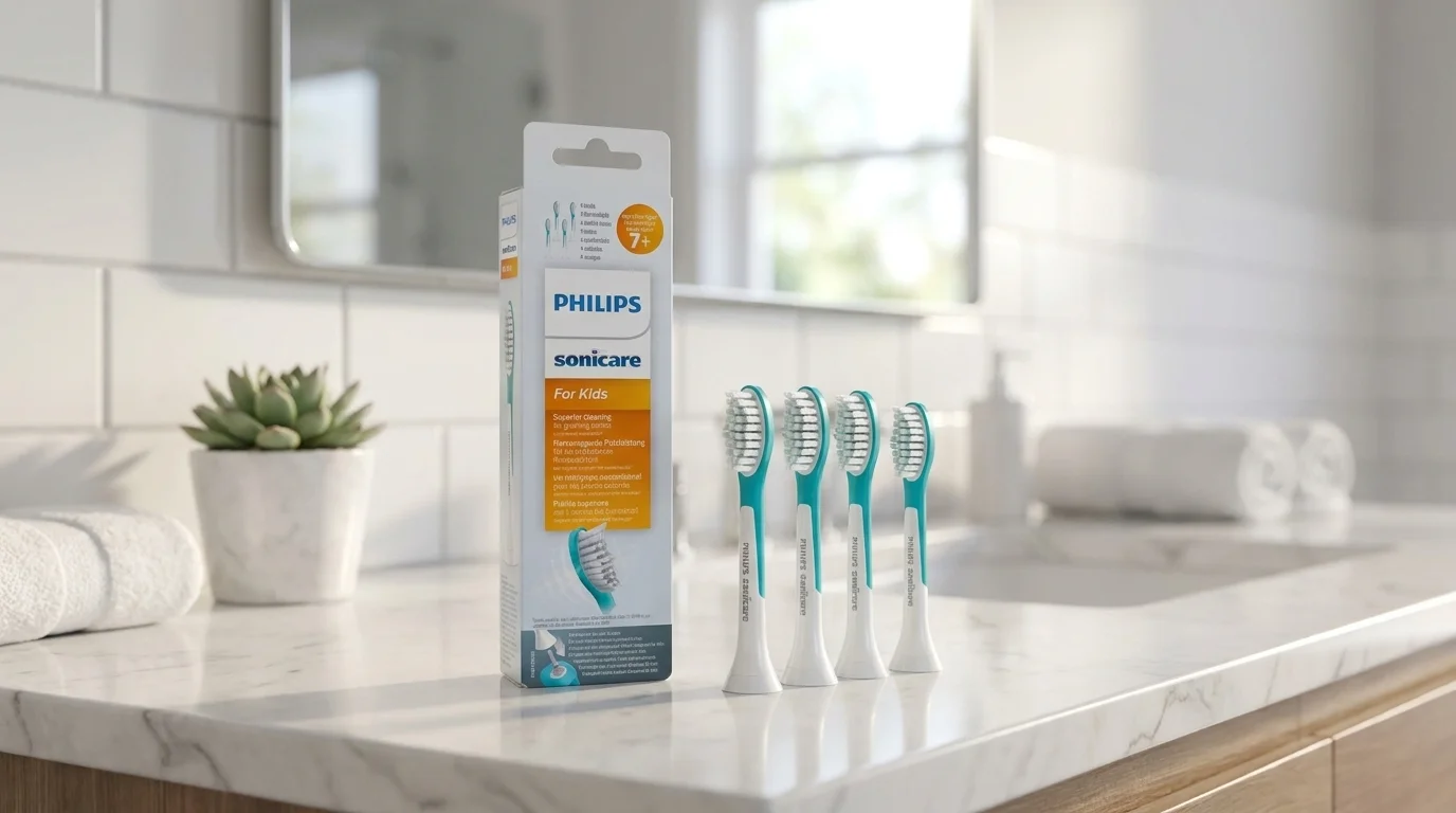 Štyri náhradné hlavice Philips Sonicare for Kids a ich balenie na svetlej mramorovej doske v kúpeľni.