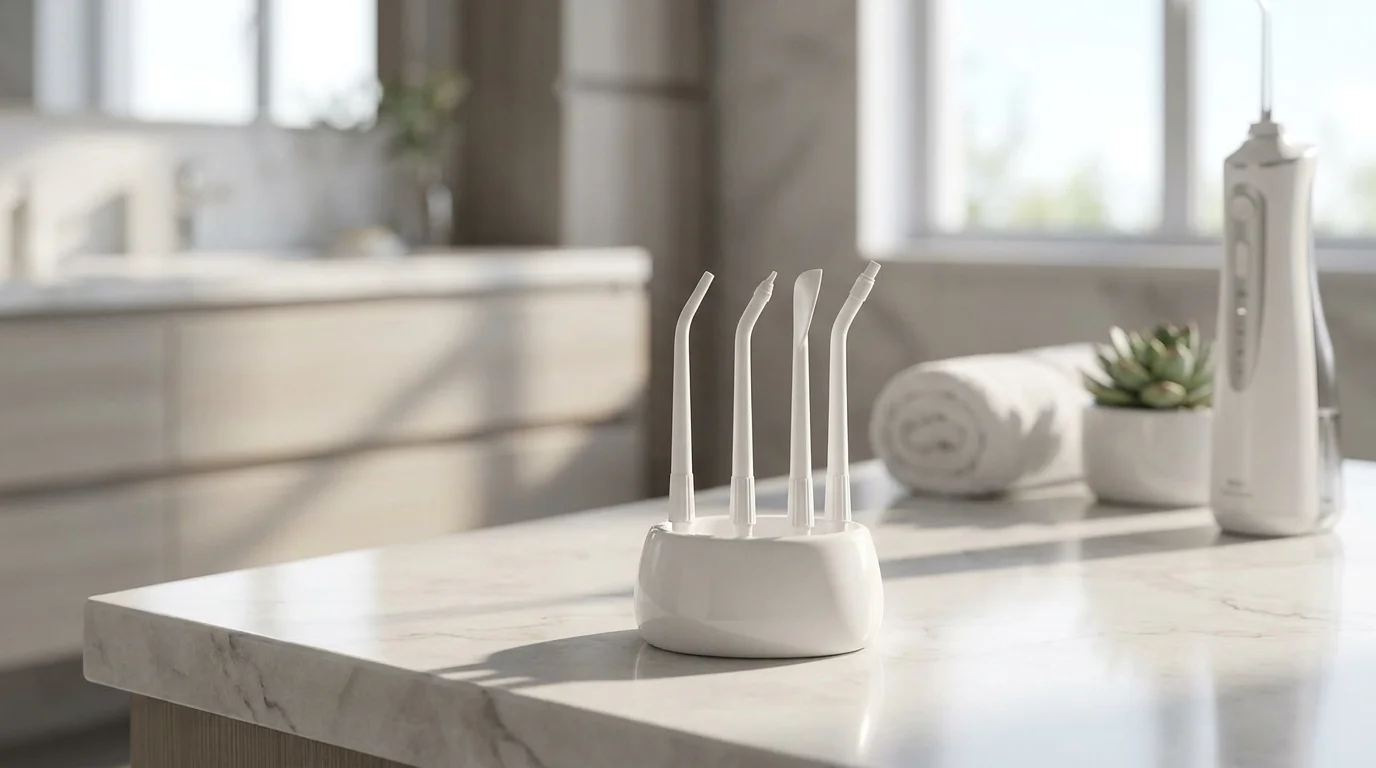 Čtyři bílé náhradní hlavice TESLA Smart Flosser FS200 v kulatém stojánku na mramorové desce v koupelně.
