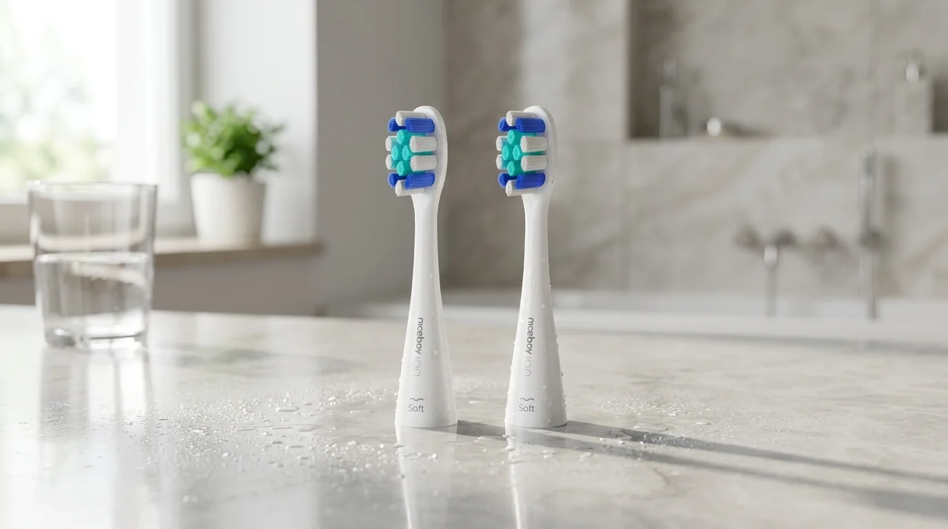Dvě bílé náhradní hlavice Niceboy ION Sonic Lite Soft s modro-zelenými štětinami stojí na mokrém povrchu v koupelně.