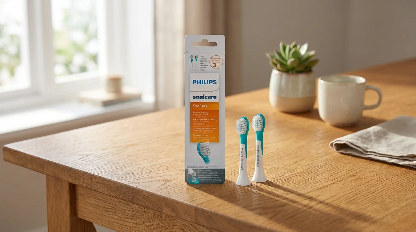 Balenie a dve náhradné hlavice Philips Sonicare for Kids na drevenom stole.