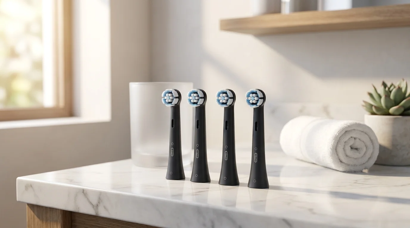 Čtyři černé náhradní hlavice Oral-B iO Gentle Care stojí v řadě na mramorové koupelnové desce.