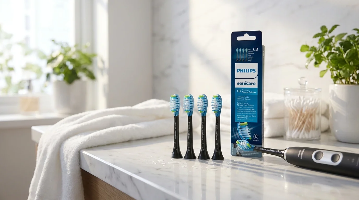 Štyri čierne náhradné hlavice Philips Sonicare stoja na mramorovej doske vedľa balenia a elektrickej zubnej kefky.