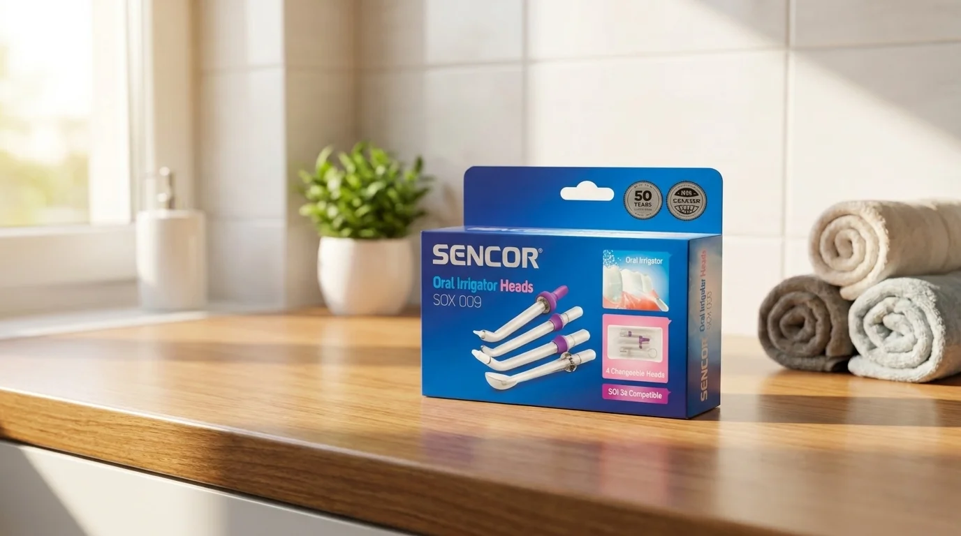 Modrá krabička s náhradními hlavicemi Sencor SOX 009 pro ústní sprchu na dřevěné koupelnové desce.