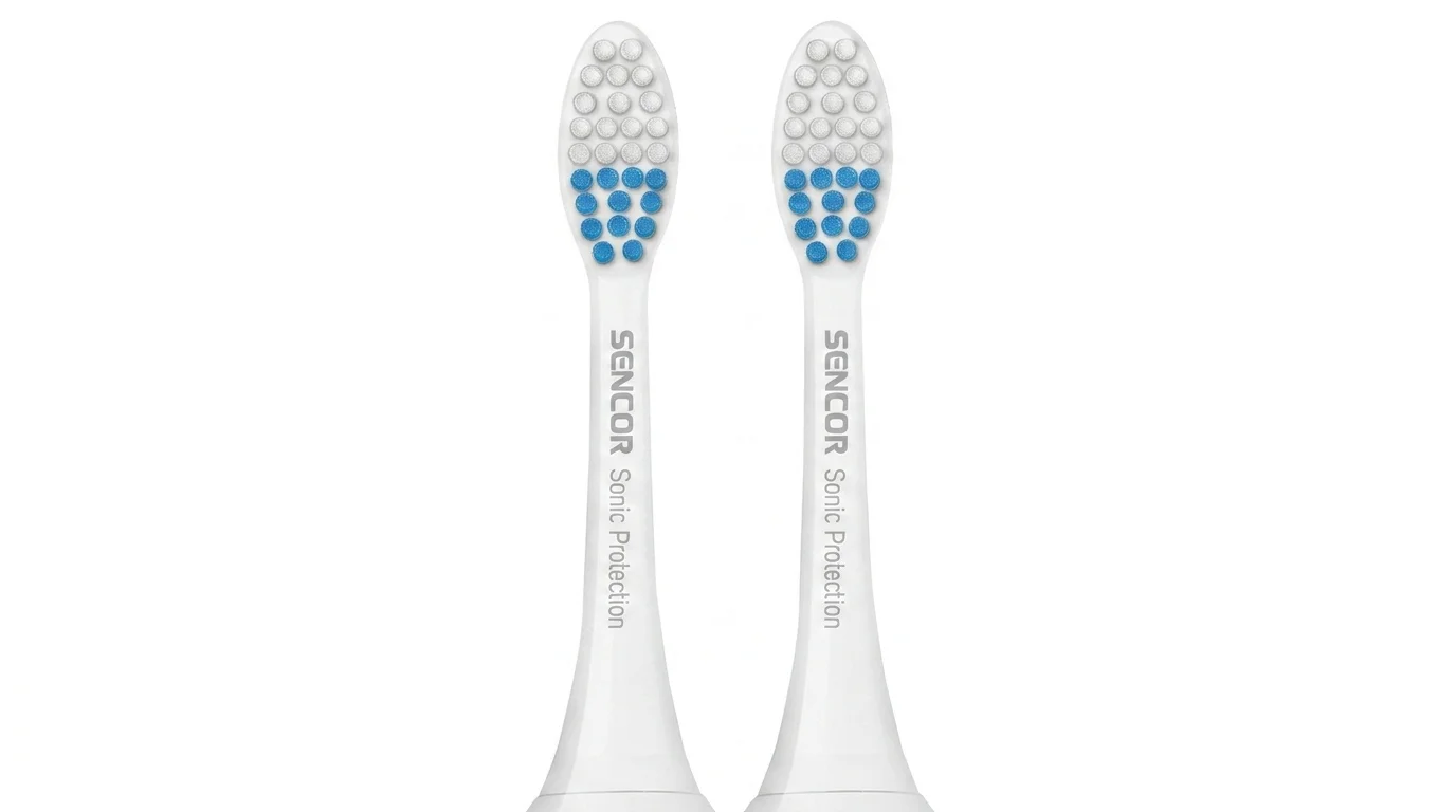 Dve biele náhradné hlavice Sencor Sonic Protection s modro-bielymi štetinami.