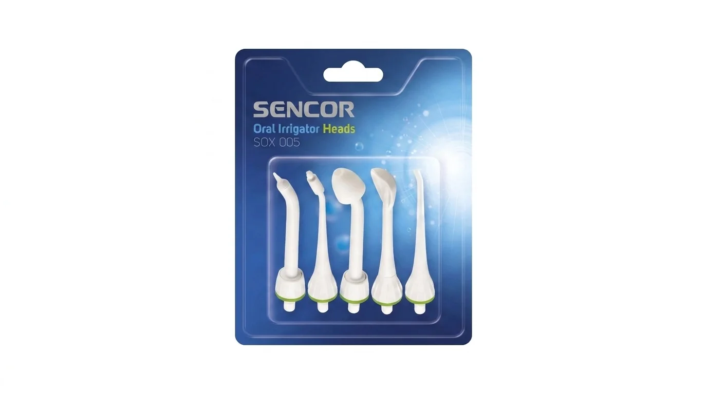 Sada pěti různých bílých náhradních trysek Sencor SOX 005 pro ústní sprchu v modrém balení.