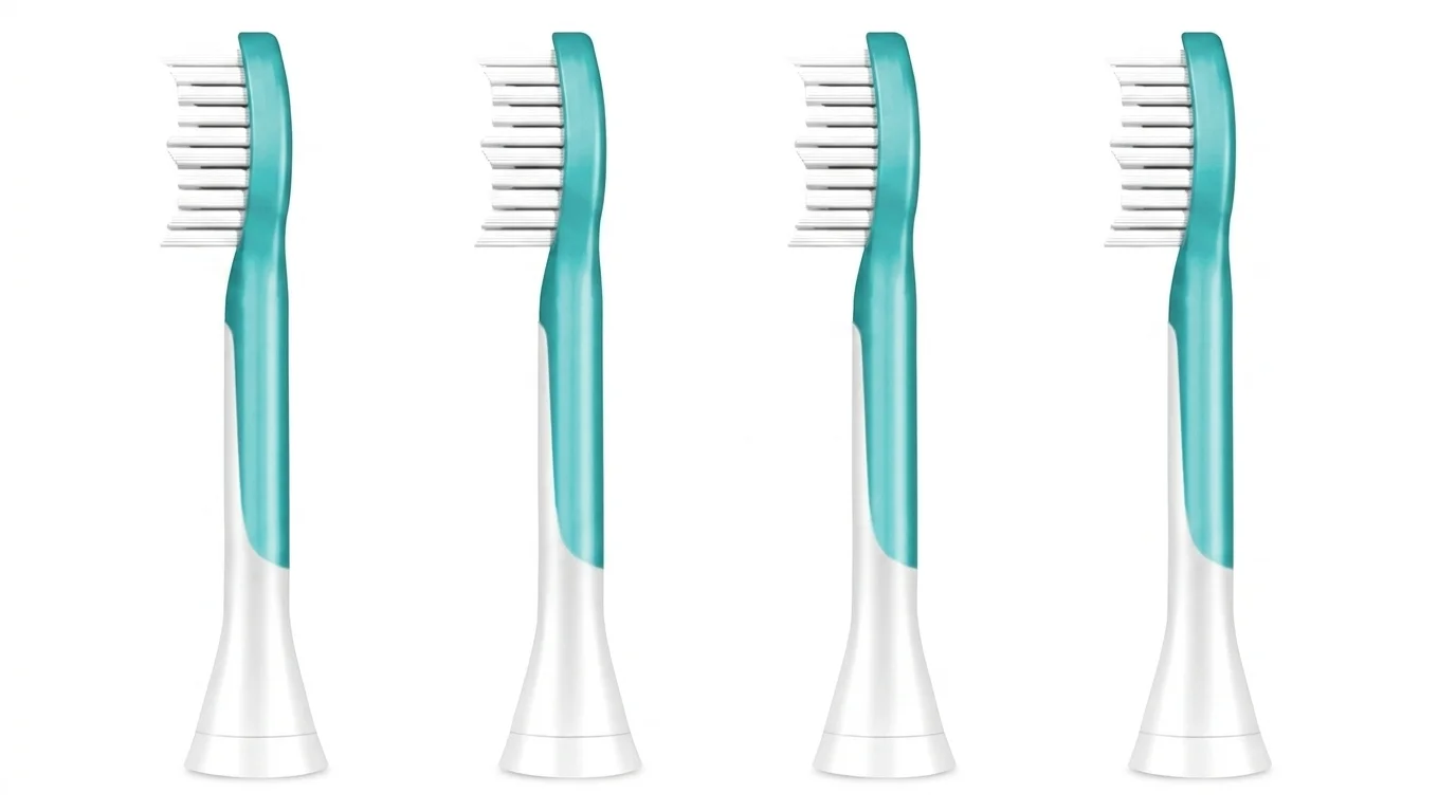 Štyri bielo-tyrkysové náhradné hlavice Philips Sonicare for Kids s bielymi štetinami usporiadané vedľa seba.