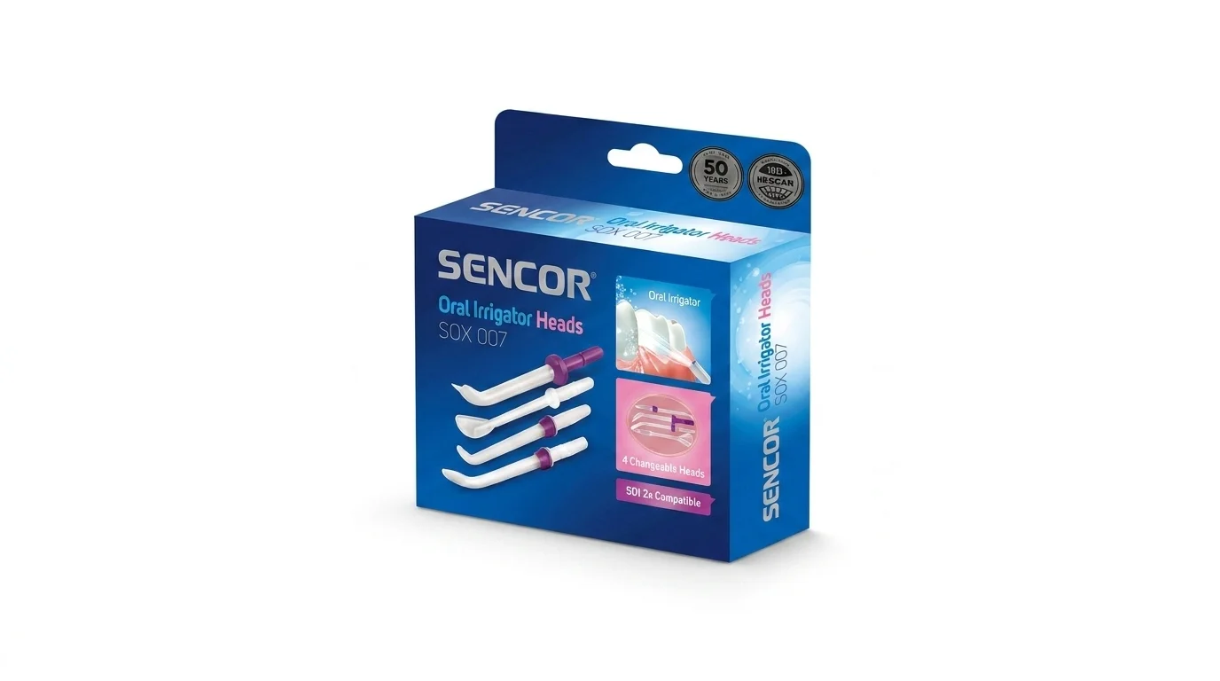 Modrá krabička s náhradními hlavicemi Sencor SOX 007 pro ústní sprchu se čtyřmi vyobrazenými nástavci.