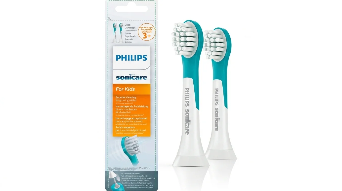 Balenie a dve náhradné hlavice Philips Sonicare for Kids v bielo-tyrkysovom vyhotovení.