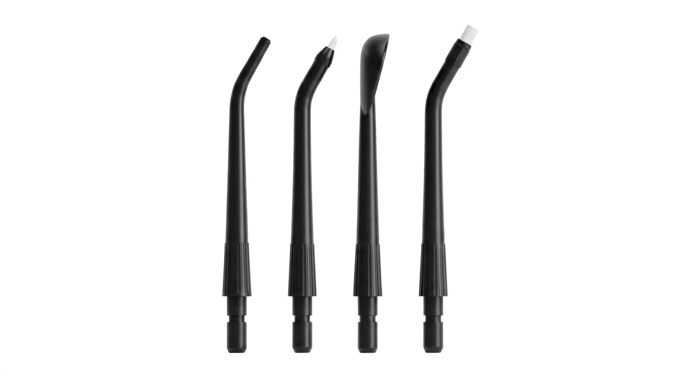 Čtyři černé náhradní hlavice TESLA Flosser FS200 s různými typy trysek uspořádané vedle sebe.