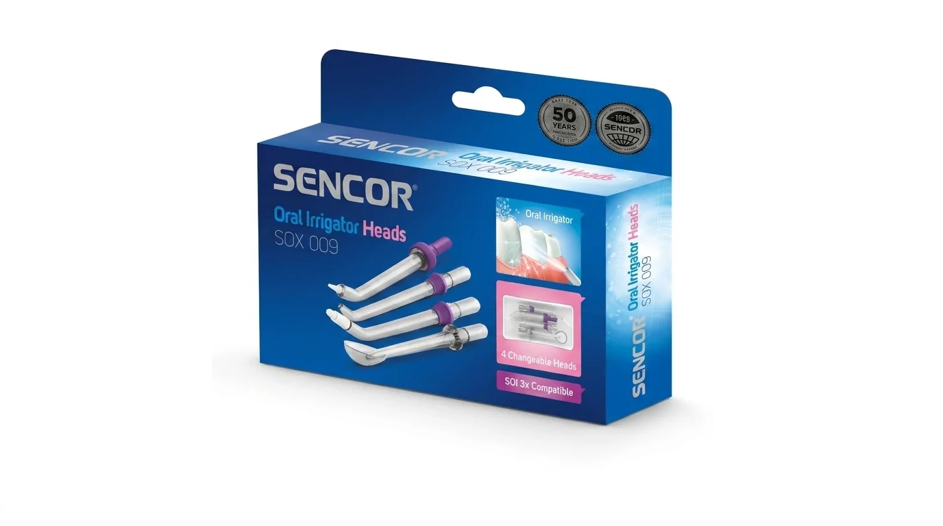 Modrá krabička náhradních hlavic pro ústní sprchu Sencor SOX 009 se čtyřmi vyobrazenými nástavci.