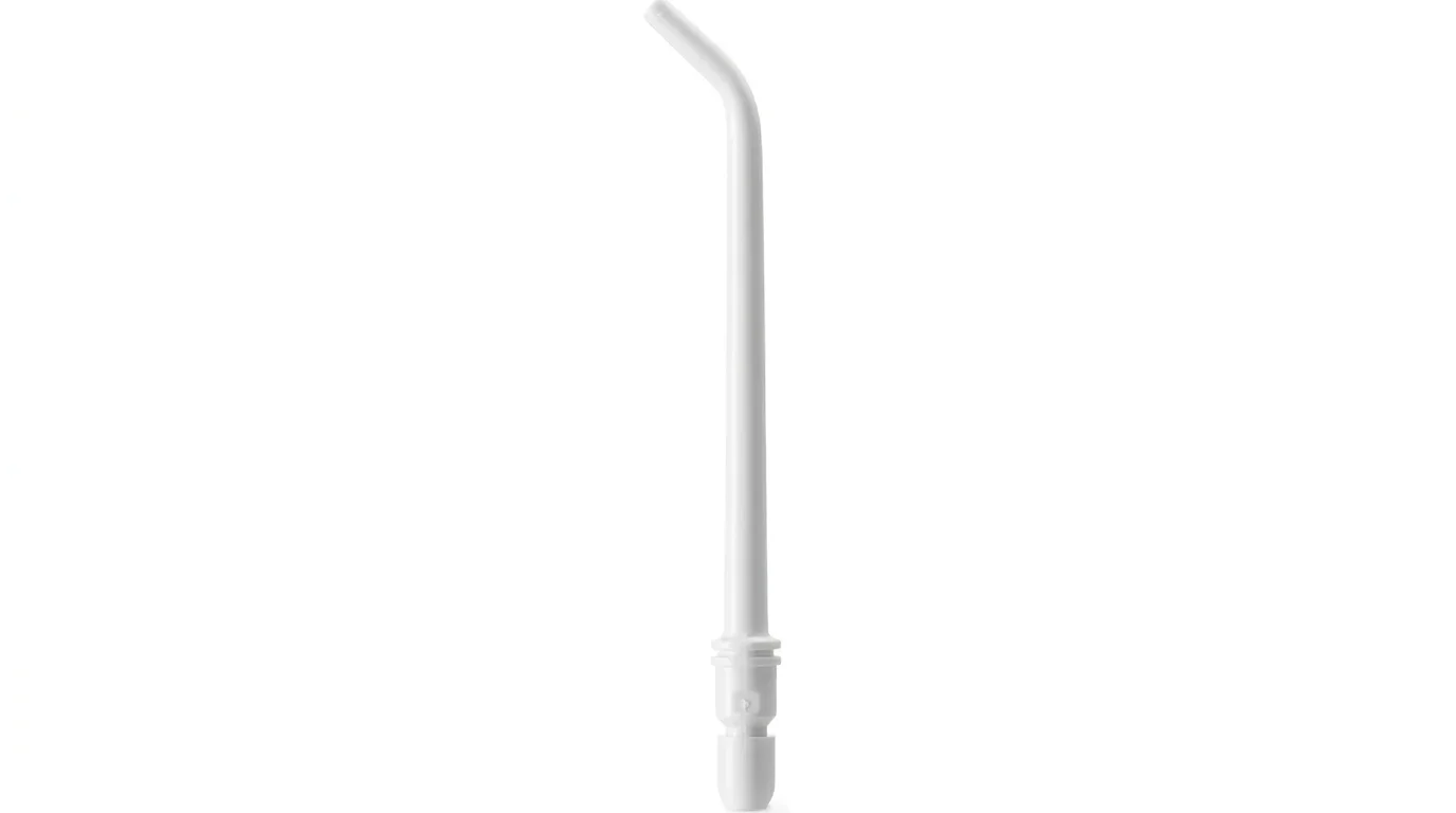 Bílá náhradní tryska Panasonic WEW0987W503 pro ústní sprchu s mírně zahnutým koncem.