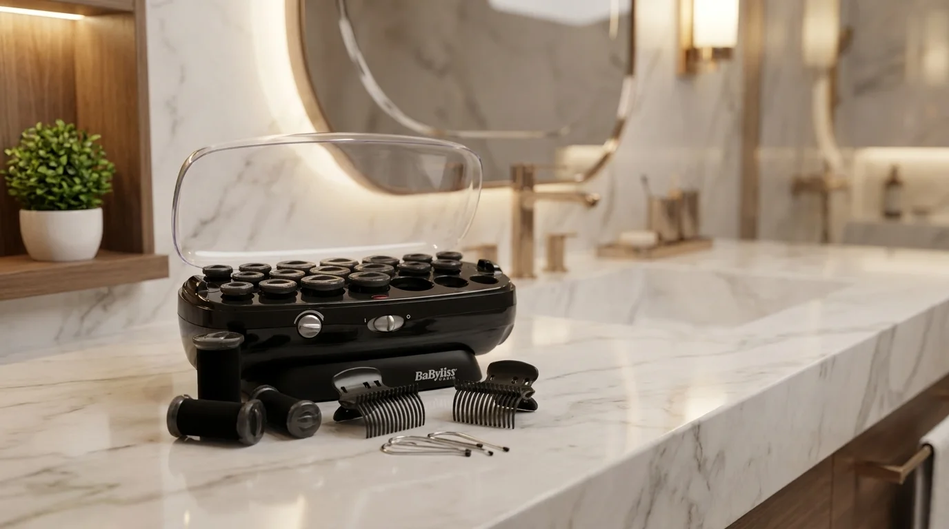 Elektrické natáčky BaByliss RS035E s otevřeným průhledným víkem, skřipci a sponkami na mramorové desce v koupelně.