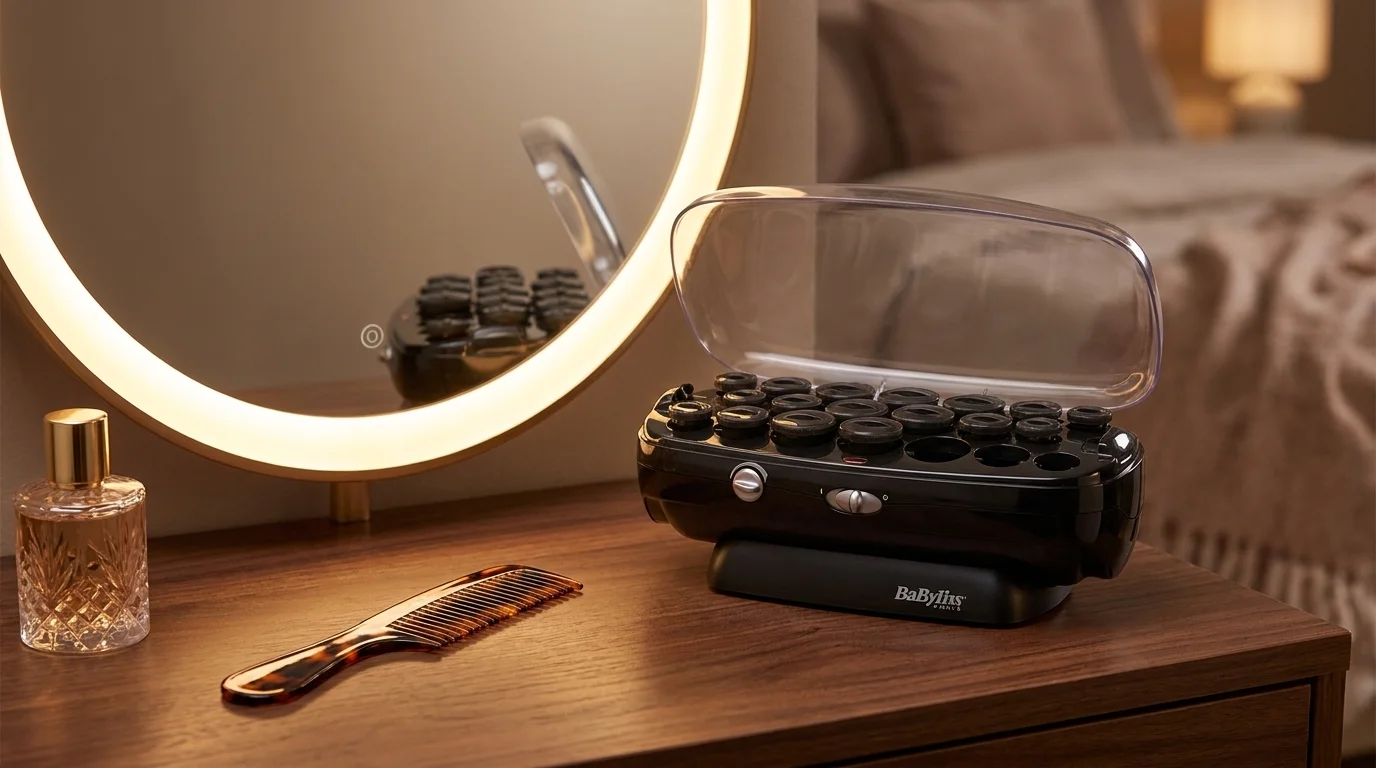 Elektrické natáčky BaByliss RS035E v otevřeném černém pouzdře na dřevěném toaletním stolku vedle hřebenu a svítícího kulatého zrcadla.