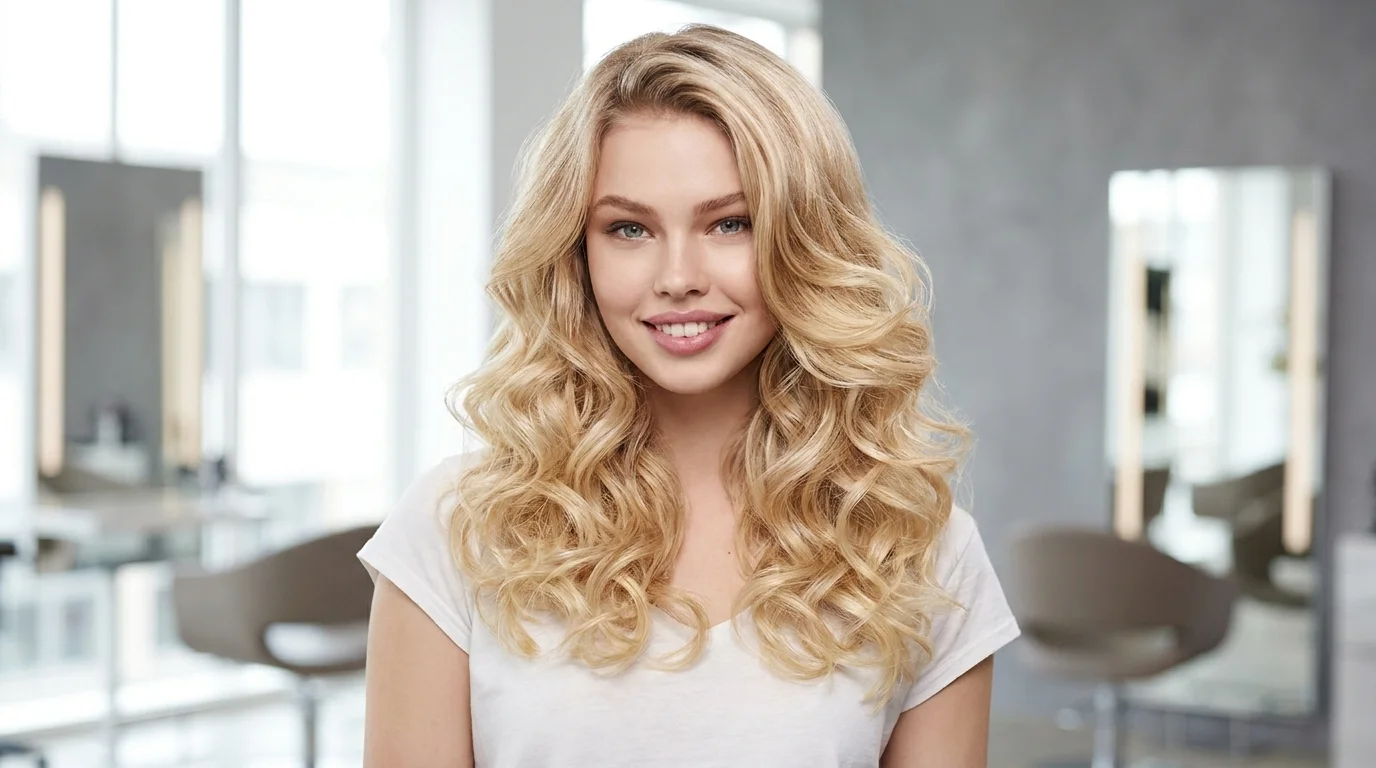 Usměvavá žena s dlouhými, bohatými vlnitými blond vlasy upravenými elektrickými natáčkami BaByliss RS035E.