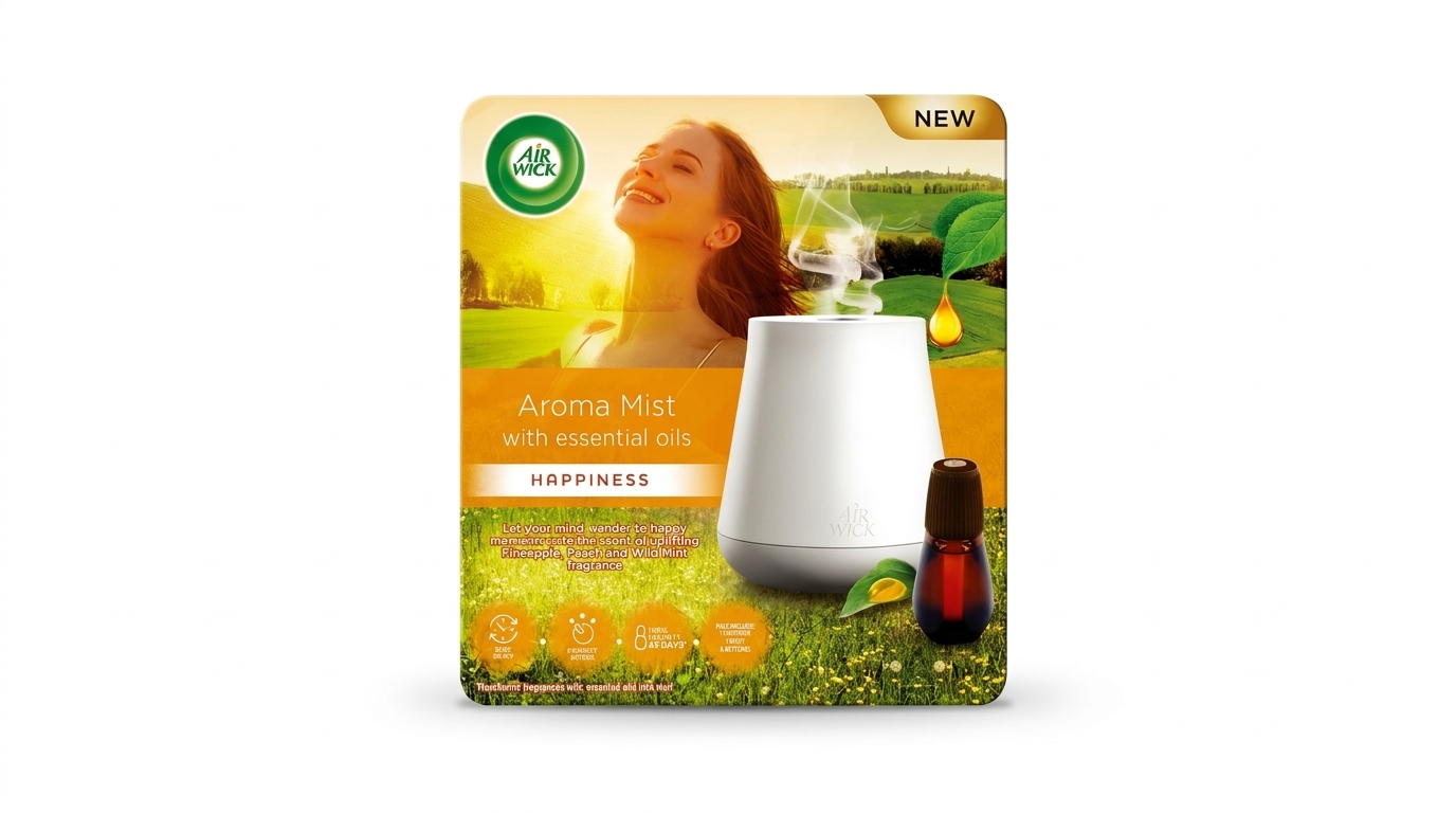 Balení osvěžovače vzduchu Air Wick Aroma Mist Happiness s bílým difuzérem, lahvičkou s esenciálním olejem a motivem usmívající se ženy.