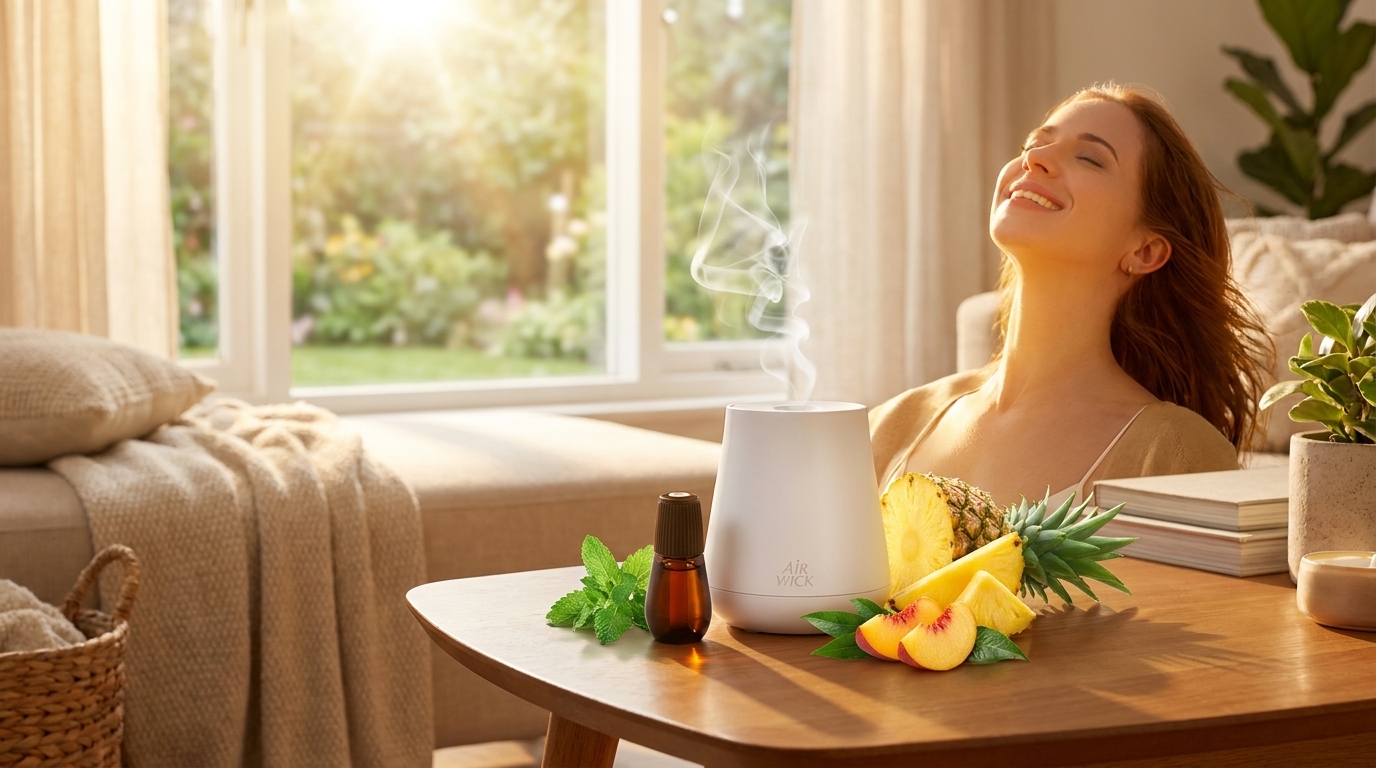 Žena se zavřenýma očima relaxuje u osvěžovače vzduchu Air Wick Aroma Mist, který na stole doplňuje ananas, broskev, máta a lahvička s olejem.