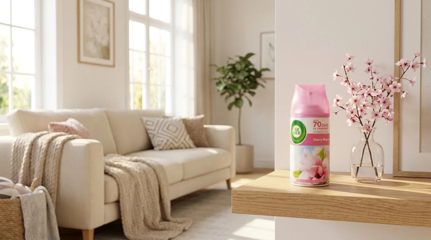 Náhradní náplň Air Wick Cherry Blossom na dřevěné polici vedle vázy s třešňovými květy v útulném obývacím pokoji.