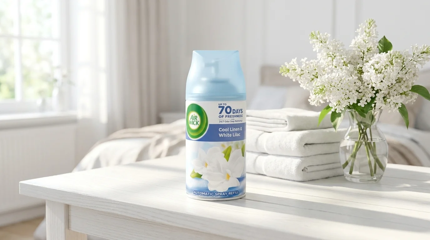 Náhradní náplň Air Wick Cool Linen & White Lilac na bílém stole vedle složených ručníků a vázy s bílým šeříkem.