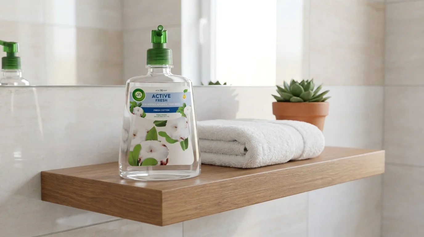 Náplň Air Wick Active Fresh na dřevěné poličce vedle složeného bílého ručníku a malého sukulentu.