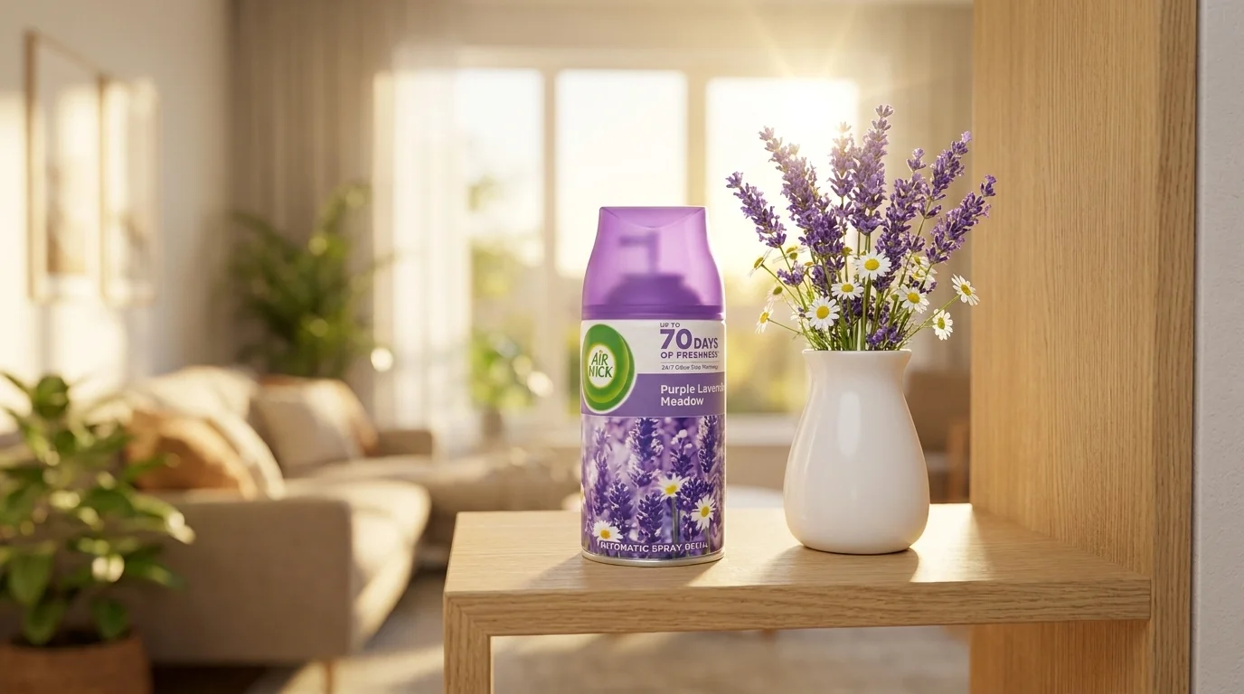 Náplň Air Wick Purple Lavender Meadow na dřevěné poličce vedle vázy s levandulí v prosvětleném obývacím pokoji.