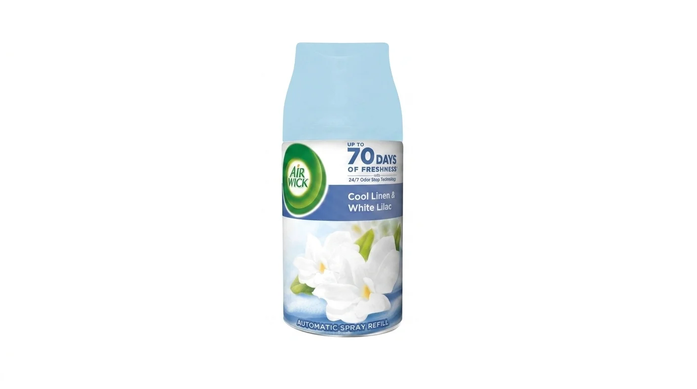 Náhradní náplň Air Wick Cool Linen & White Lilac do automatického spreje s modrým uzávěrem a motivem bílých květů.