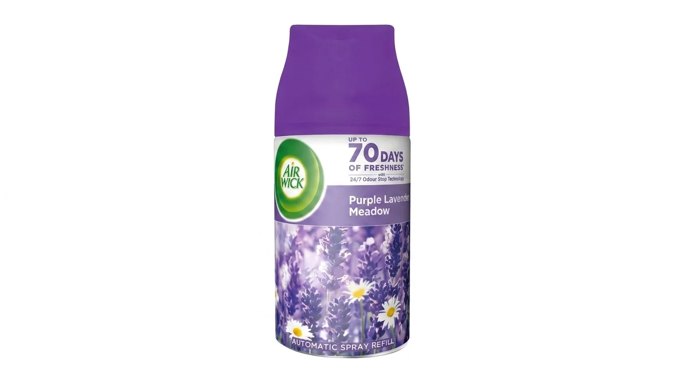 Náhradní náplň do automatického spreje Air Wick Purple Lavender Meadow s fialovým uzávěrem a motivem rozkvetlé levandule.