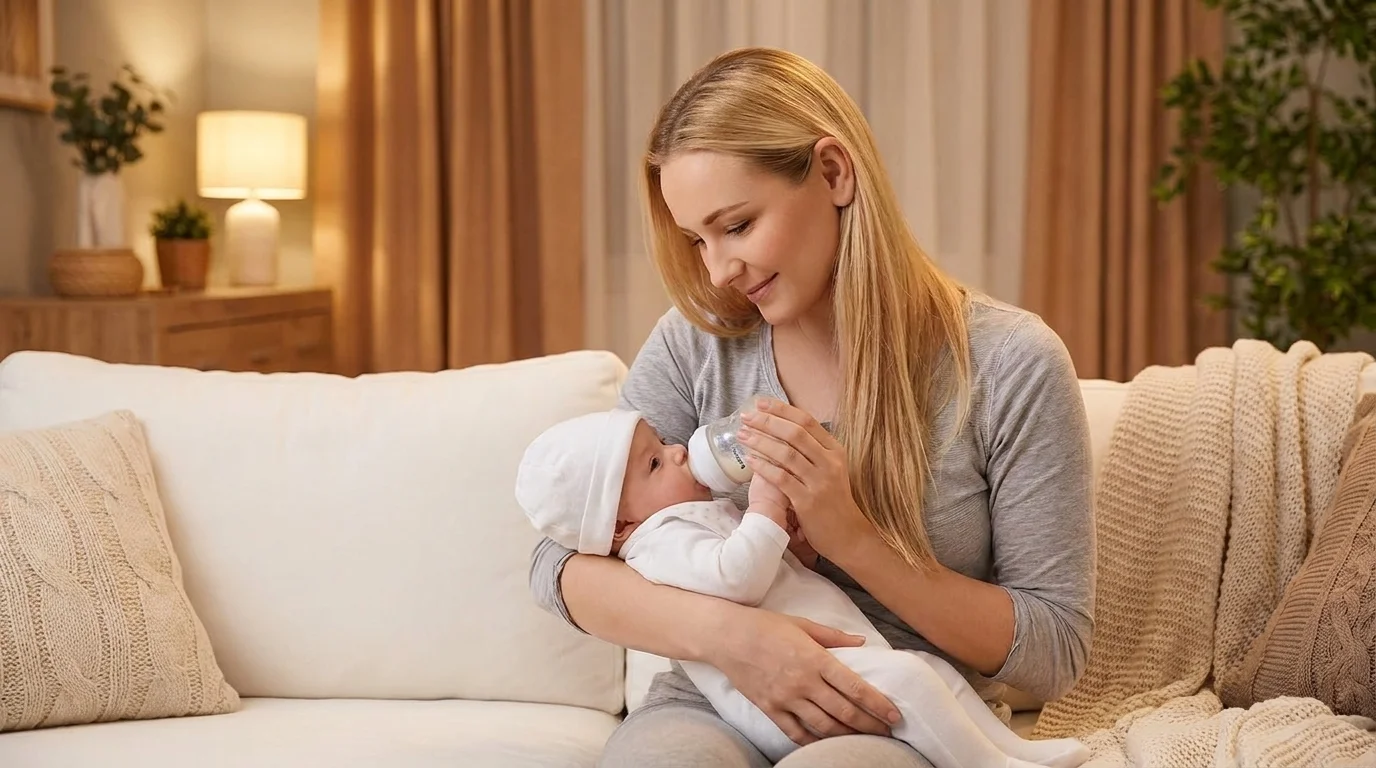 Usměvavá maminka sedí na pohovce a krmí své miminko z kojenecké lahve.