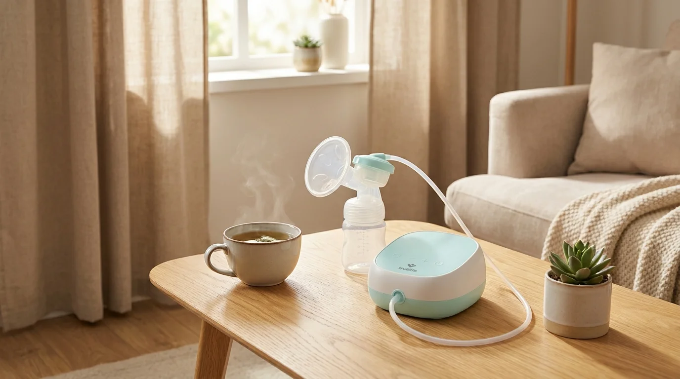 Odsávačka mléka Truelife Nutrio BP Electric na dřevěném stolku vedle kouřícího šálku v útulném obývacím pokoji.