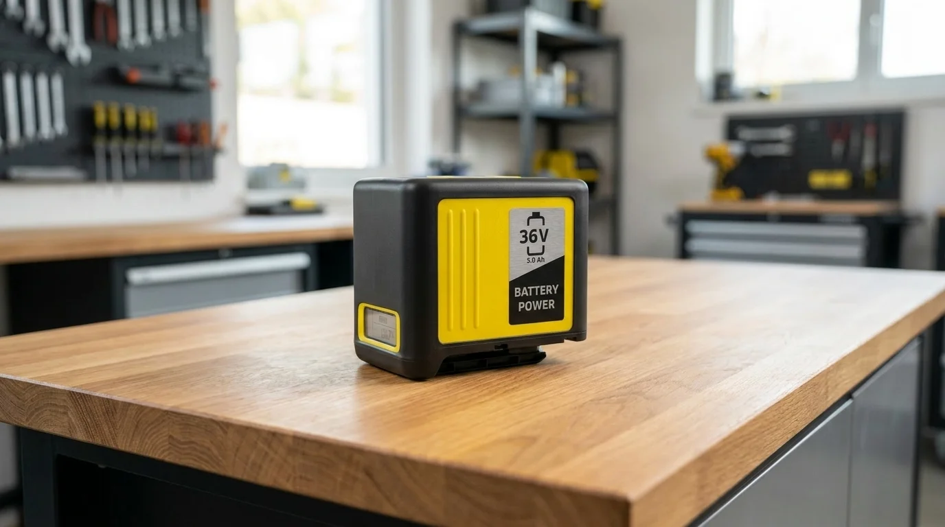 Žlutočerný akumulátor Kärcher 36 V / 5,0 Ah s integrovaným LCD displejem položený na dřevěném pracovním stole v dílně.
