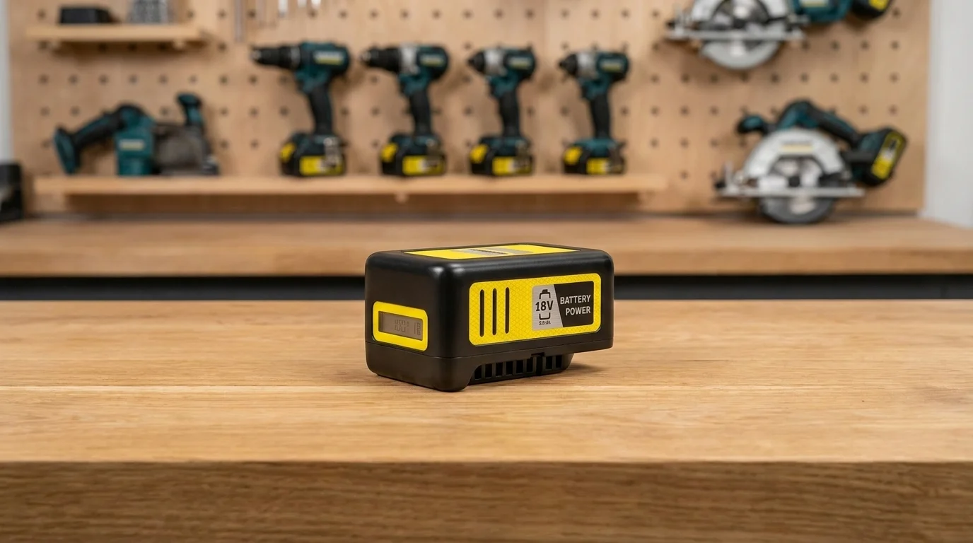 Akumulátor Kärcher 18V Battery Power s LCD displejem položený na dřevěném pracovním stole v dílně.