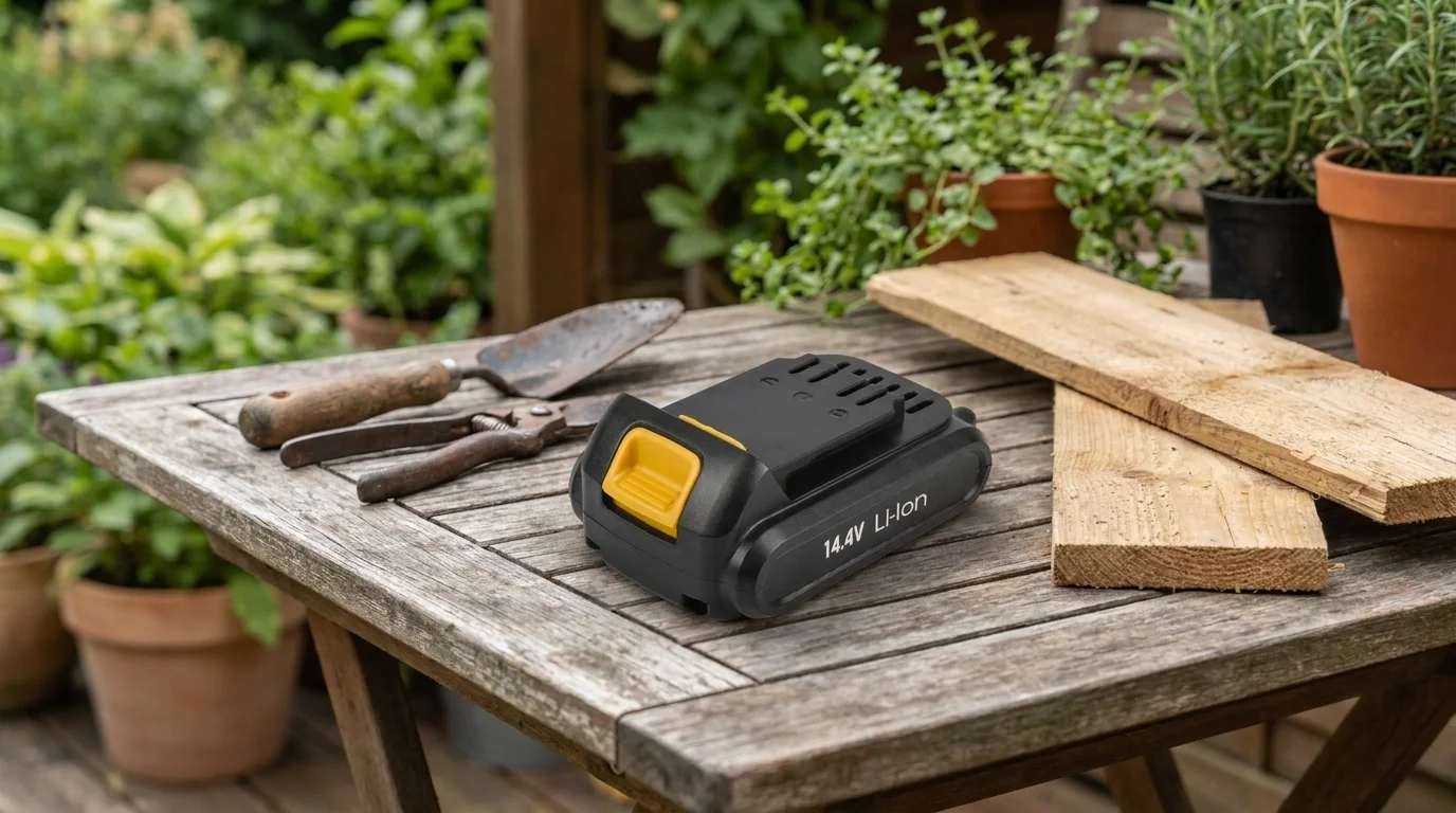 Akumulátor Fieldmann FDV 90345 s nápisom 14.4V Li-Ion položený na drevenom stole vedľa náradia a dosiek.