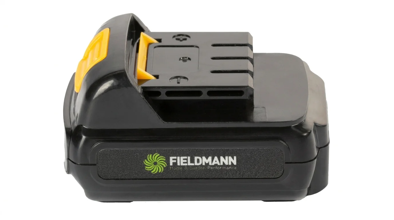 Čierny zásuvný akumulátor Fieldmann FDV 90205 so žltým uvoľňovacím tlačidlom a logom značky.