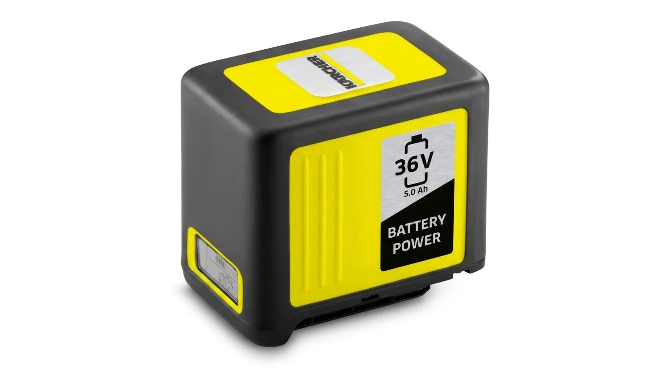 Černo-žlutý akumulátor Kärcher Battery Power 36 V / 5,0 Ah s LCD displejem zobrazujícím stav nabití.