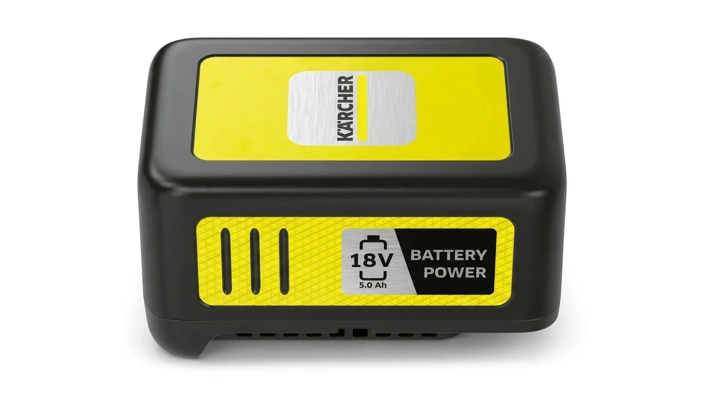Černo-žlutý výměnný akumulátor Kärcher Battery Power 18 V s kapacitou 5,0 Ah.