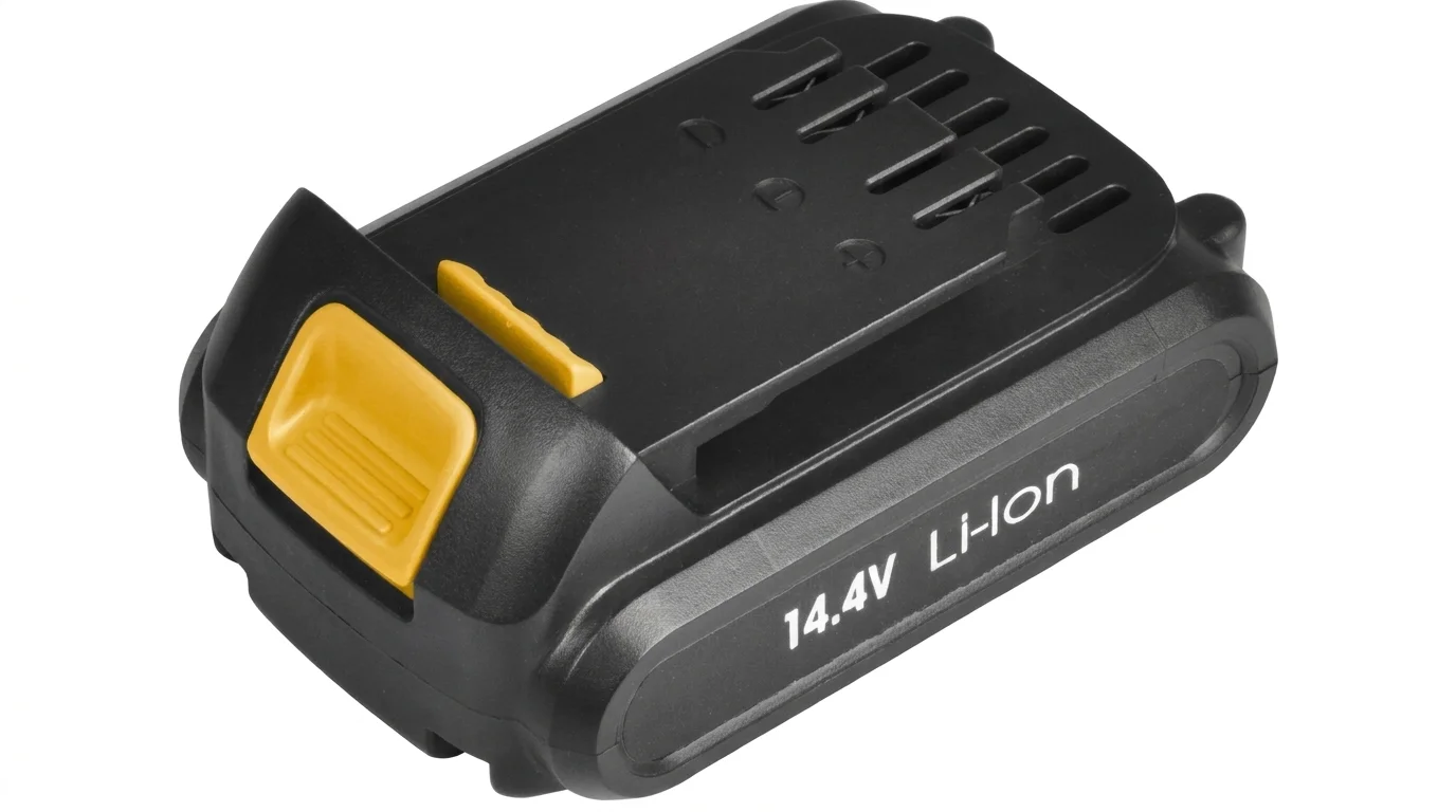 Čierny Li-ion akumulátor Fieldmann FDV 90345 so žltým tlačidlom a nápisom 14.4V Li-Ion na bočnej strane.