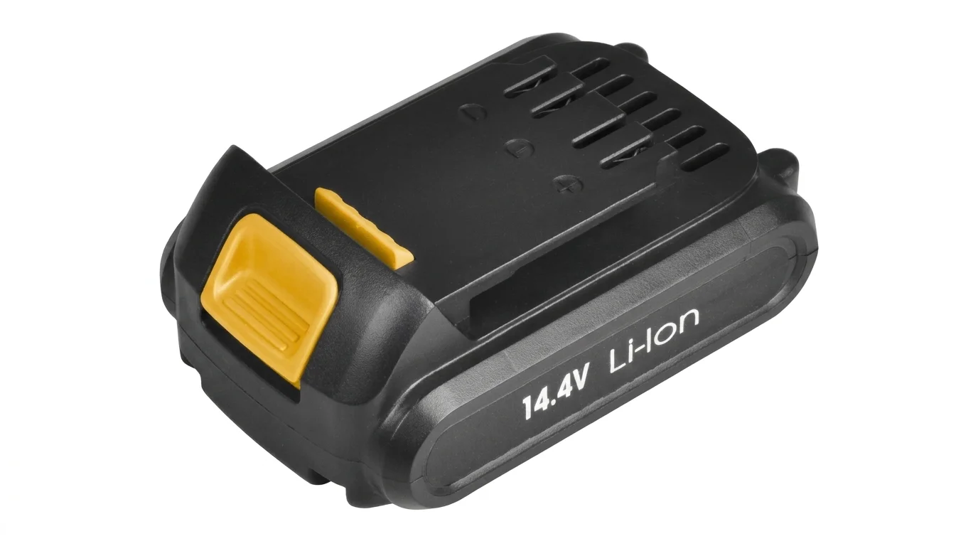 Čierny akumulátor Fieldmann FDV 90351-2021 so žltým tlačidlom a bielym nápisom 14.4V Li-Ion na boku.