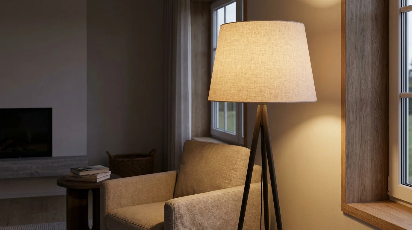 Rozsvícená stojací lampa s látkovým stínidlem v obývacím pokoji vedle křesla.