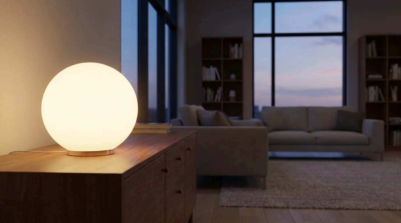 Guľová stolná lampa vyžarujúca teplé svetlo na drevenej komode v obývacej izbe.