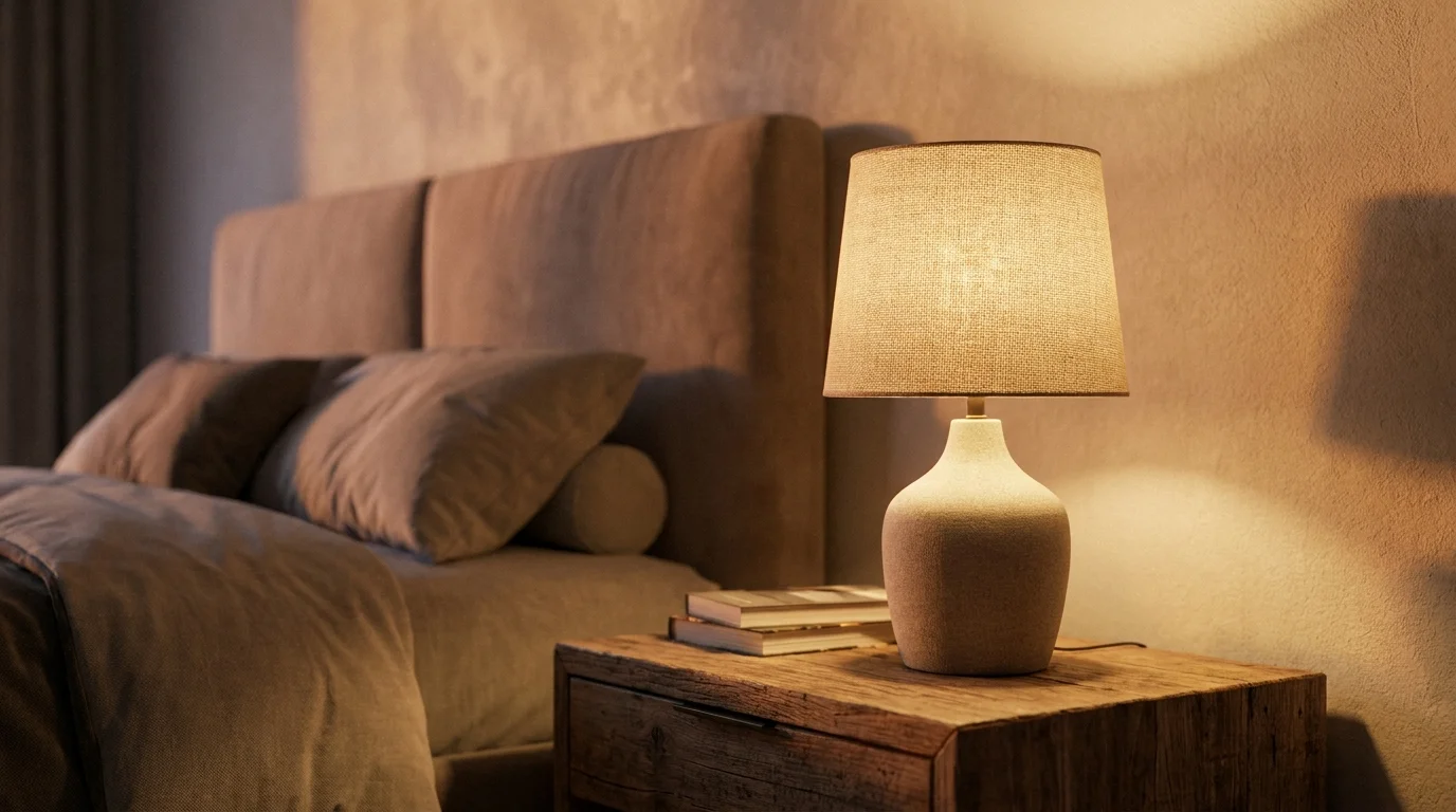 Rozsvícená stolní lampa vyzařující teplé světlo na dřevěném nočním stolku vedle postele.