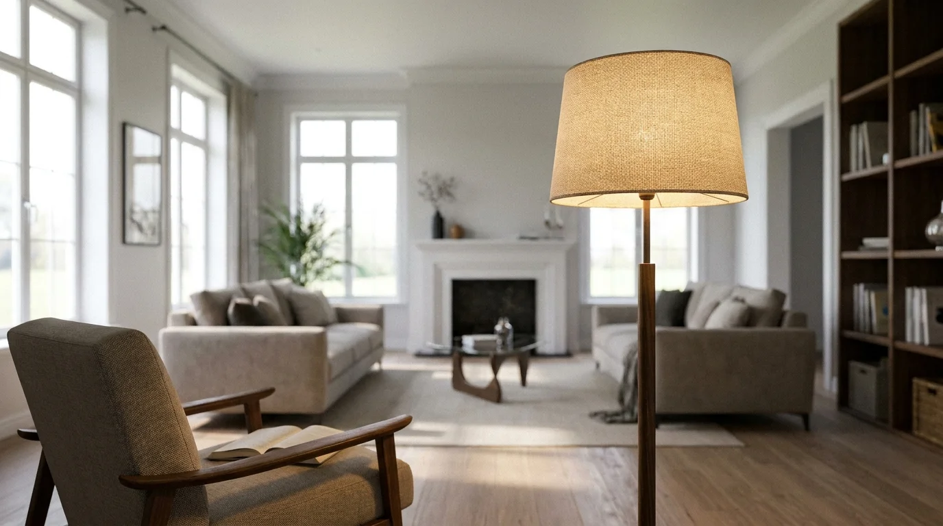 Rozsvícená stojací lampa s textilním stínidlem vytvářející teplé světlo v obývacím pokoji s křeslem a krbem.