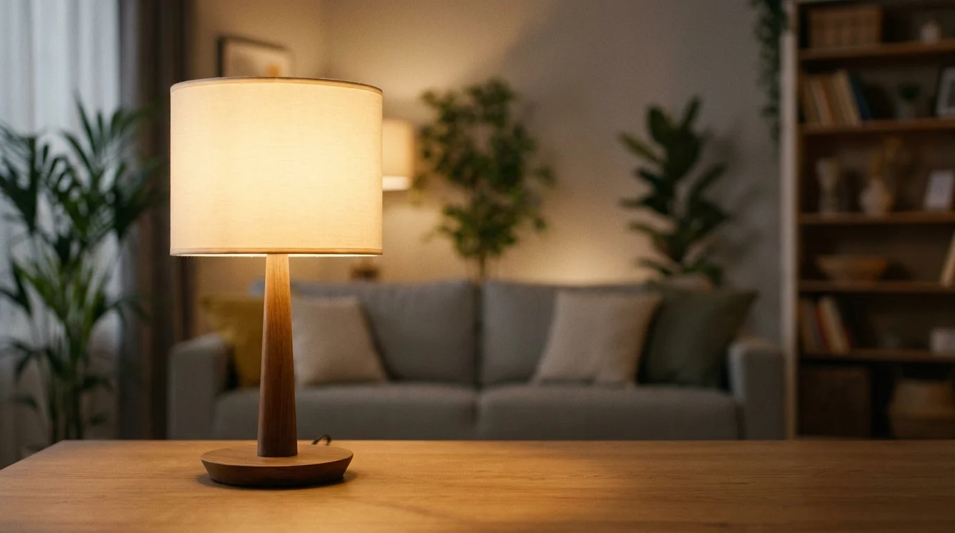 Rozsvícená stolní lampa s dřevěnou nohou vyzařující teplé světlo v obývacím pokoji.
