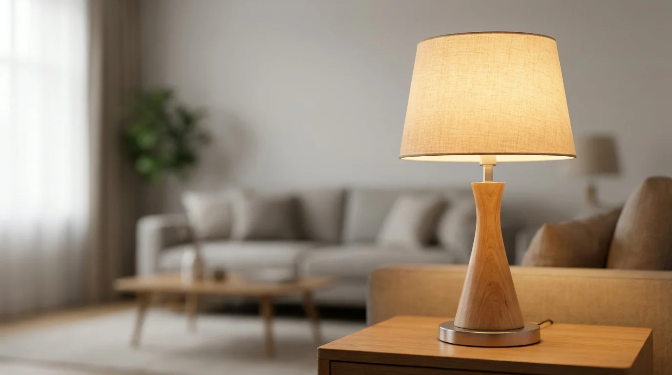 Rozsvícená stolní lampa s dřevěnou nohou a látkovým stínidlem na dřevěném stolku v obývacím pokoji.