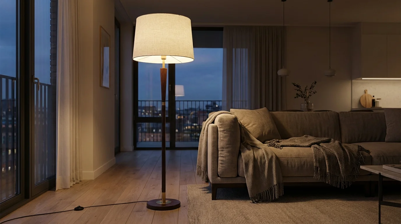 Rozsvietená stojacia lampa šíriaca teplé svetlo v modernej obývacej izbe vedľa pohovky.