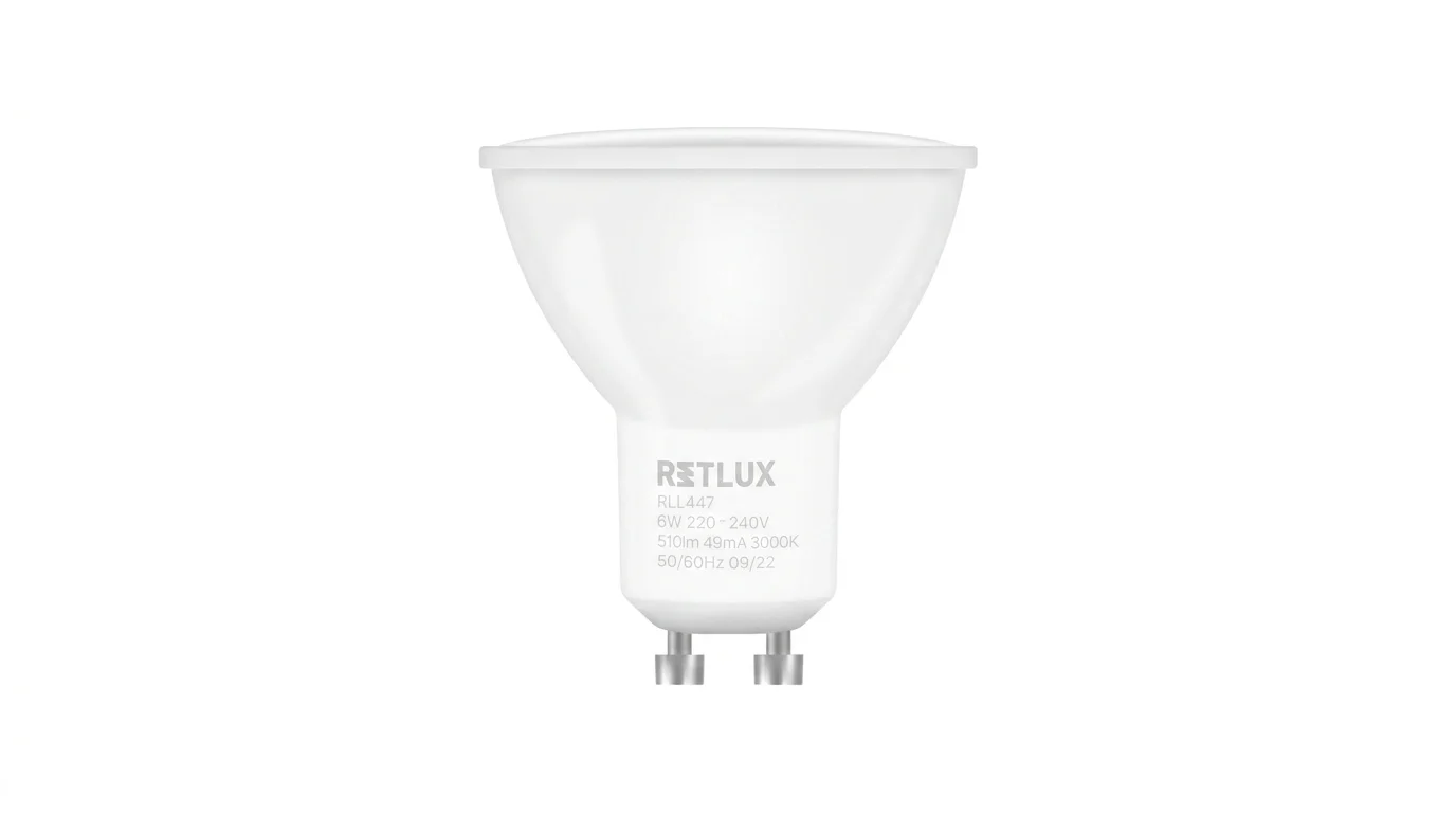 Biela reflektorová LED žiarovka Retlux RLL 447 s päticou GU10 na bielom pozadí.