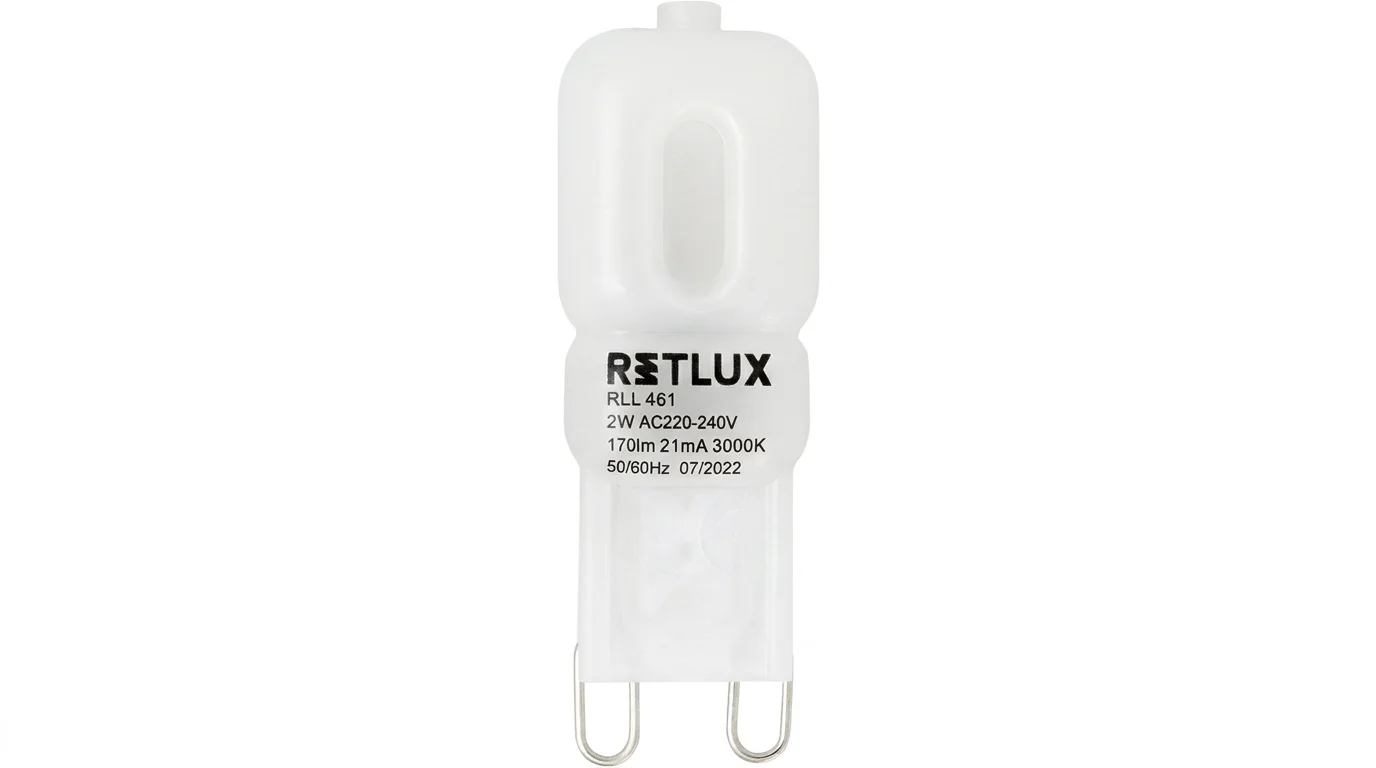 Biela LED žiarovka Retlux RLL 461 s päticou G9 a vyznačenými technickými parametrami.