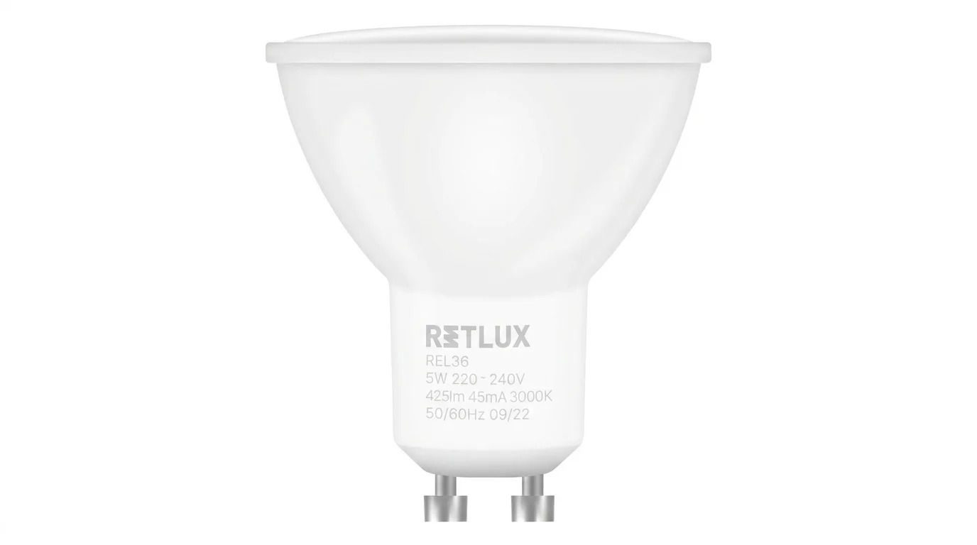 Biela LED reflektorová žiarovka Retlux REL 36 s päticou GU10 na bielom pozadí.
