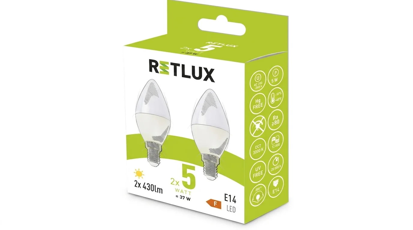 Balení sady dvou LED žárovek Retlux REL 34 ve tvaru svíčky s paticí E14 a příkonem 5 W.
