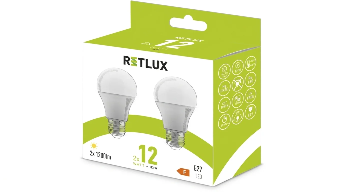 Balení sady dvou LED žárovek Retlux o příkonu 12 W s paticí E27 a světelným tokem 1 200 lm.